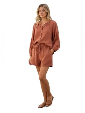 NWT Gap Crinkle Gauze Set Button Front Top & PullOn Shorts Terracotta size S/XS